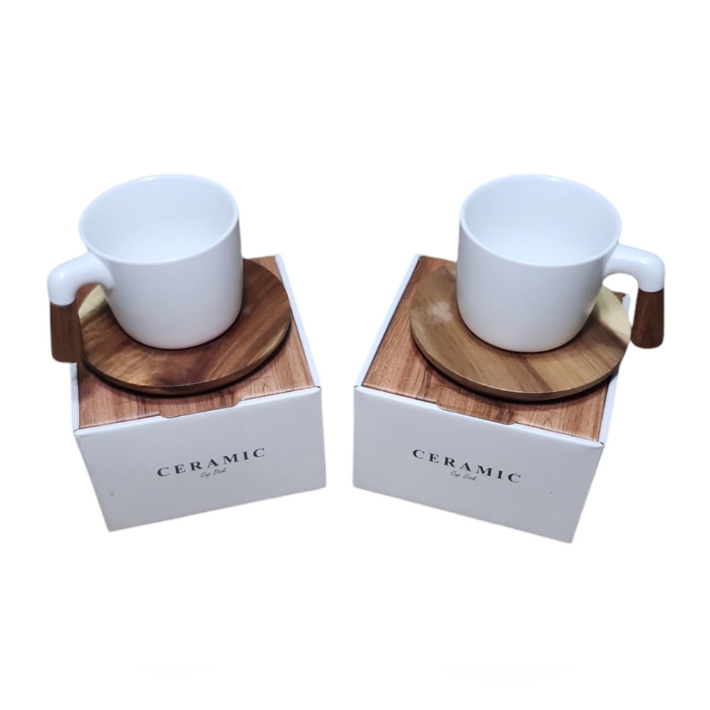 Porcelain Coffee Mug with Acacia Wood Saucer,‎ NEW